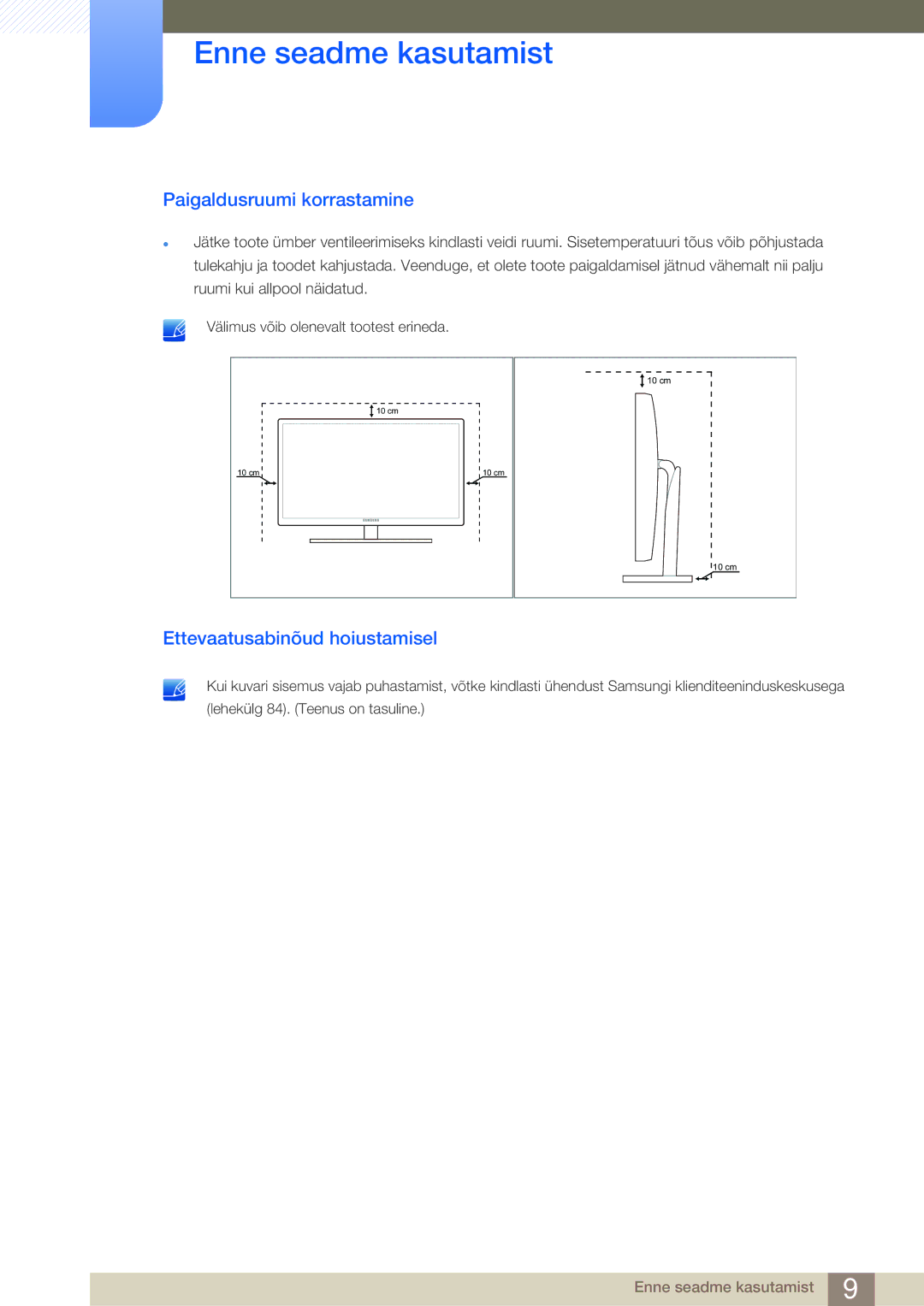 Samsung LS27B750VS/EN, LS24B750VS/EN manual Paigaldusruumi korrastamine, Ettevaatusabinõud hoiustamisel 