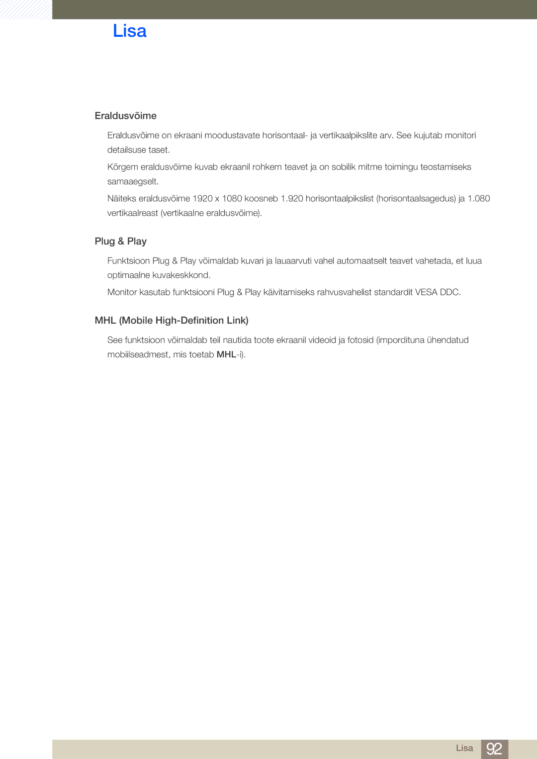 Samsung LS24B750VS/EN, LS27B750VS/EN manual Eraldusvõime 