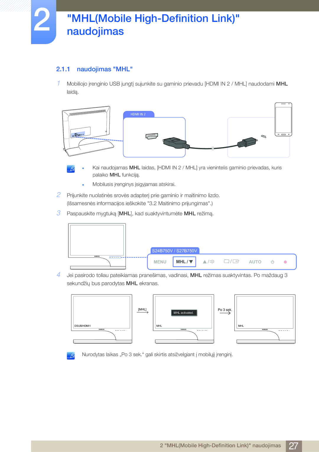 Samsung LS27B750VS/EN, LS24B750VS/EN manual Naudojimas MHL 