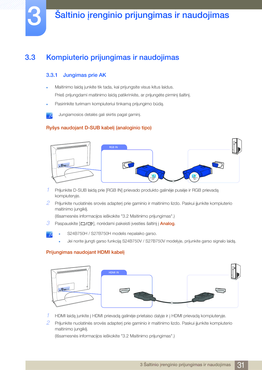 Samsung LS27B750VS/EN, LS24B750VS/EN manual Kompiuterio prijungimas ir naudojimas, Jungimas prie AK 