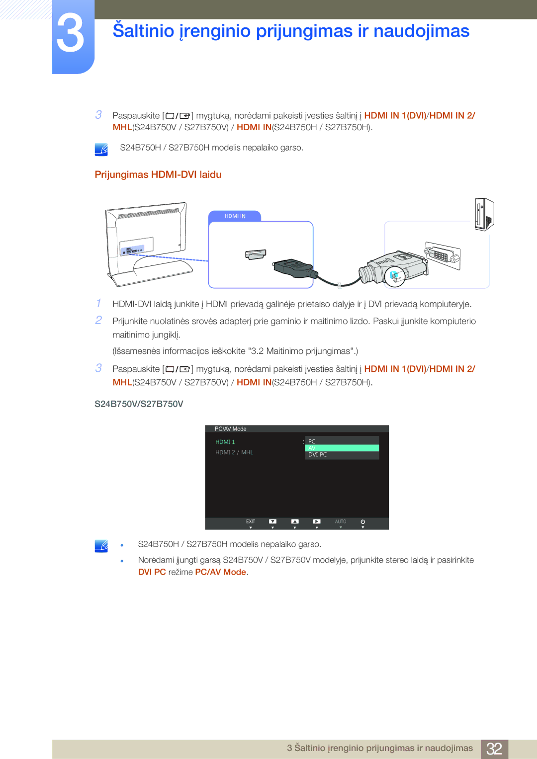 Samsung LS24B750VS/EN, LS27B750VS/EN manual Prijungimas HDMI-DVI laidu 