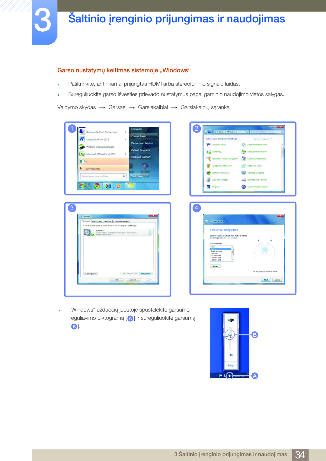 Samsung LS24B750VS/EN, LS27B750VS/EN manual Garso nustatymų keitimas sistemoje „Windows 