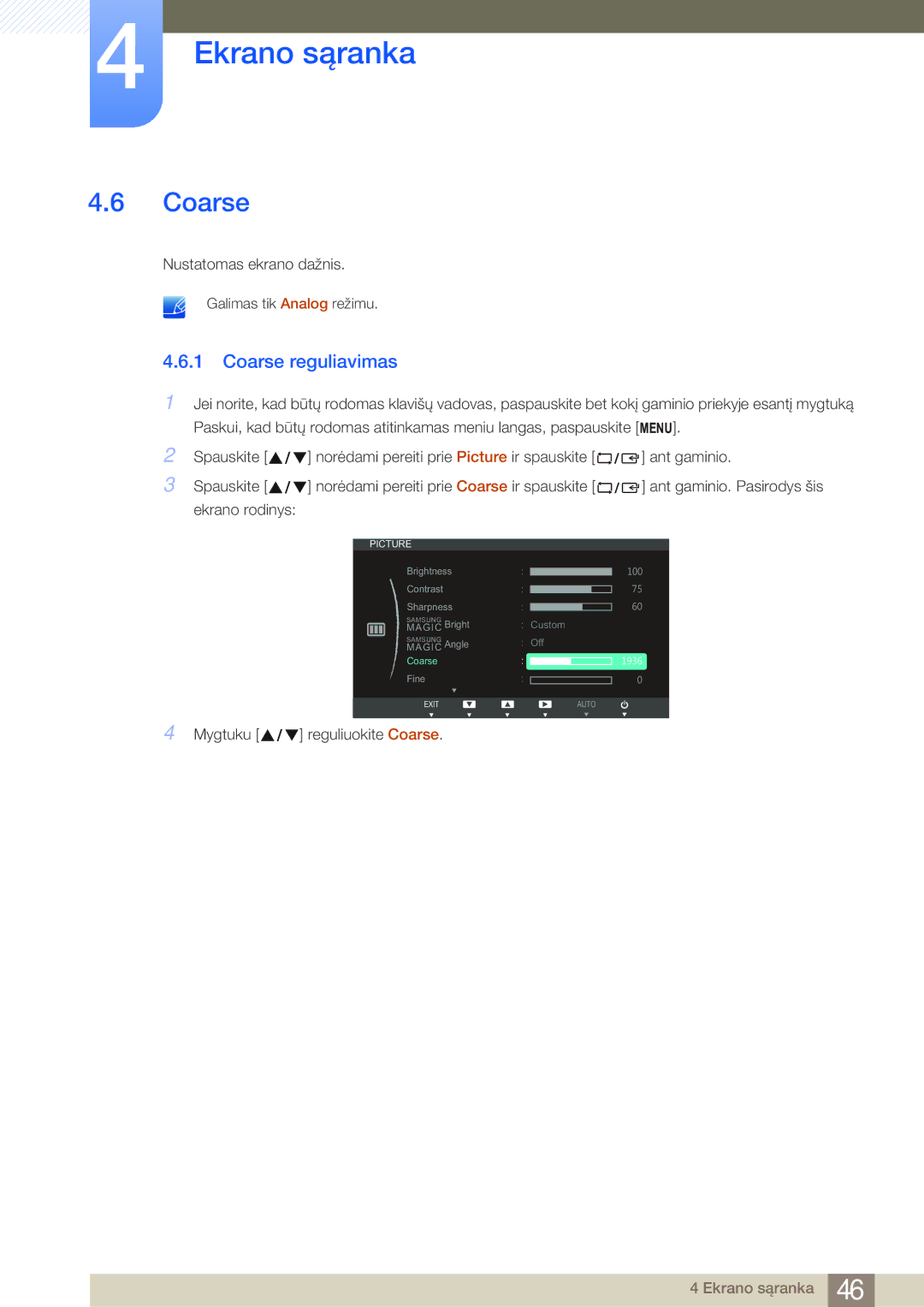 Samsung LS24B750VS/EN, LS27B750VS/EN manual Coarse reguliavimas 