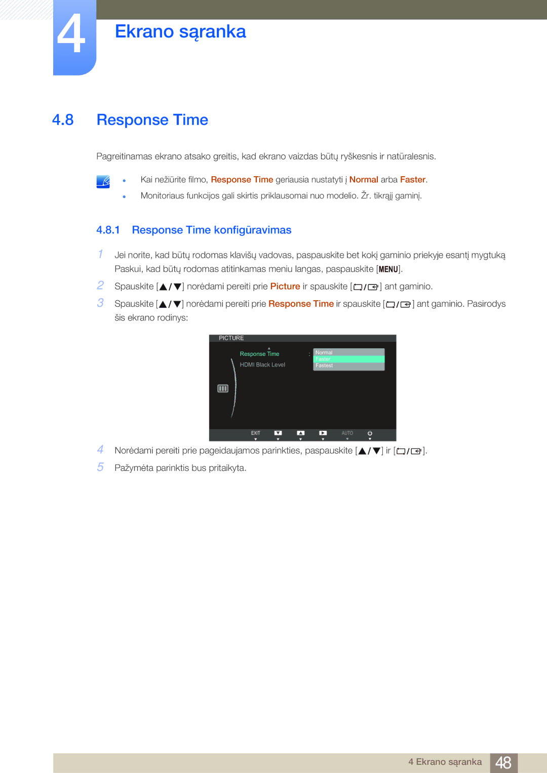 Samsung LS24B750VS/EN, LS27B750VS/EN manual Response Time konfigūravimas 