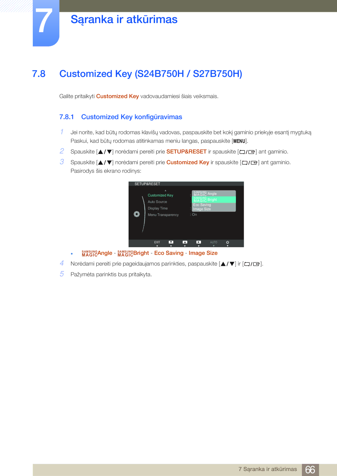 Samsung LS24B750VS/EN, LS27B750VS/EN manual Customized Key S24B750H / S27B750H, Customized Key konfigūravimas 