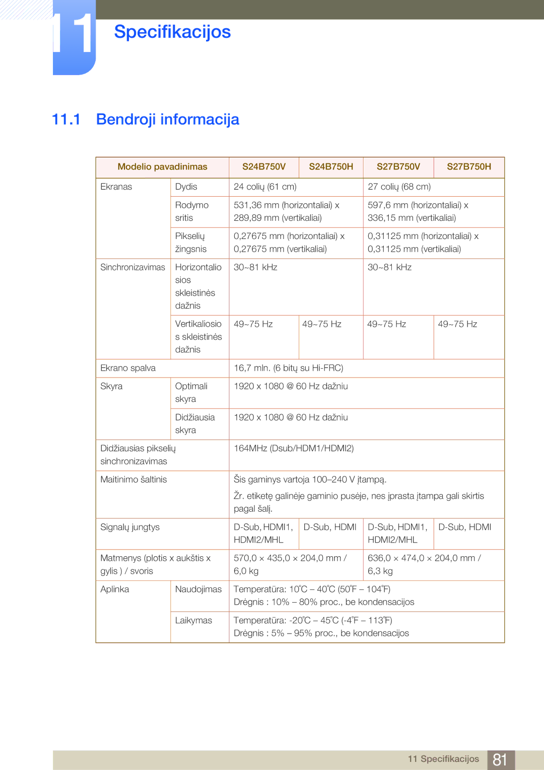 Samsung LS27B750VS/EN, LS24B750VS/EN manual Specifikacijos, Bendroji informacija 