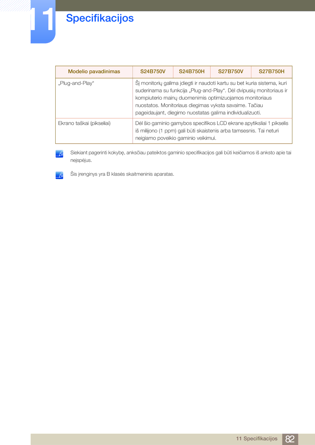 Samsung LS24B750VS/EN, LS27B750VS/EN manual Specifikacijos 