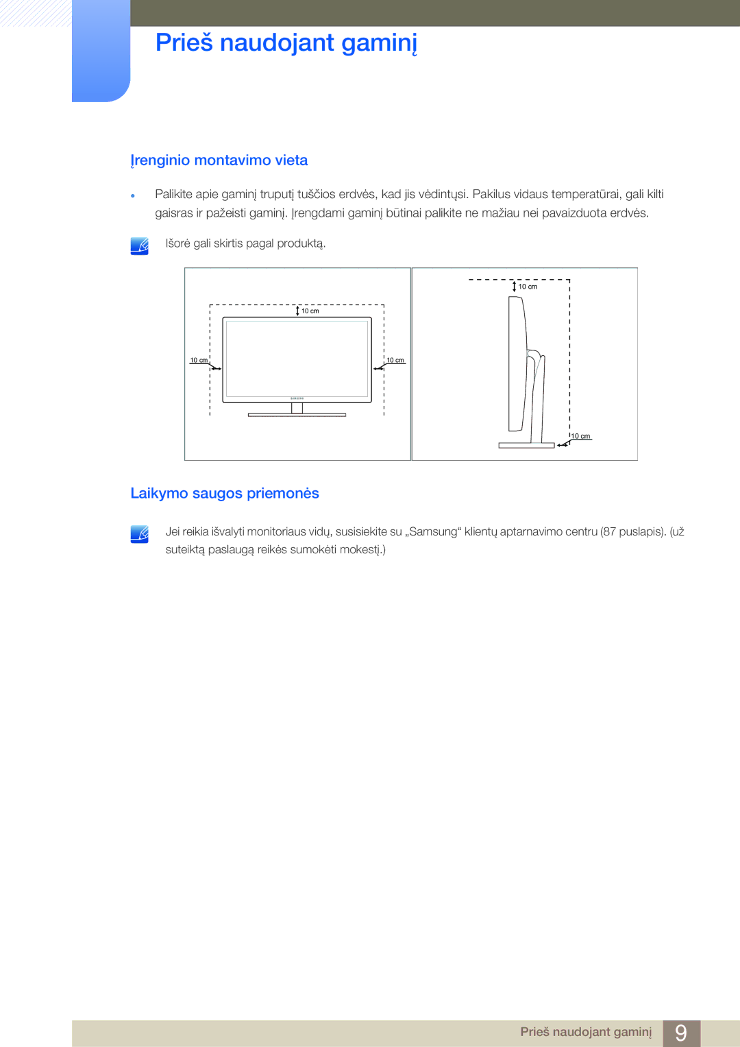 Samsung LS27B750VS/EN, LS24B750VS/EN manual Įrenginio montavimo vieta, Laikymo saugos priemonės 