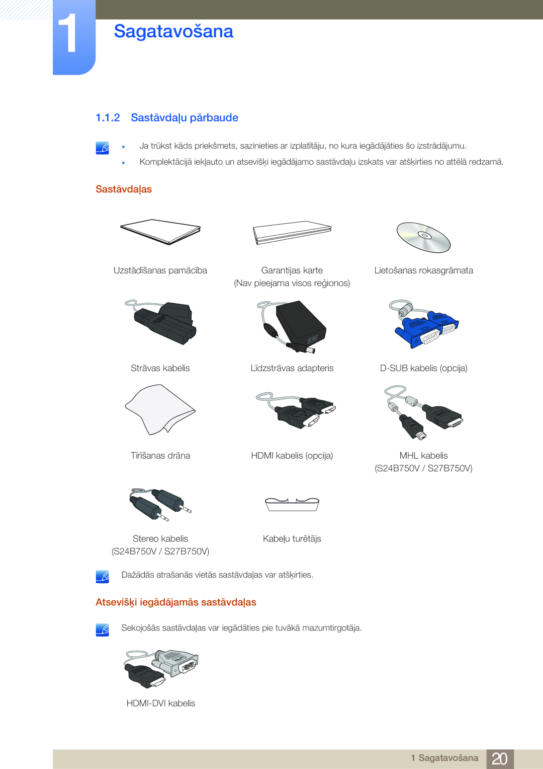 Samsung LS24B750VS/EN, LS27B750VS/EN manual Sastāvdaļu pārbaude, Sastāvdaļas 