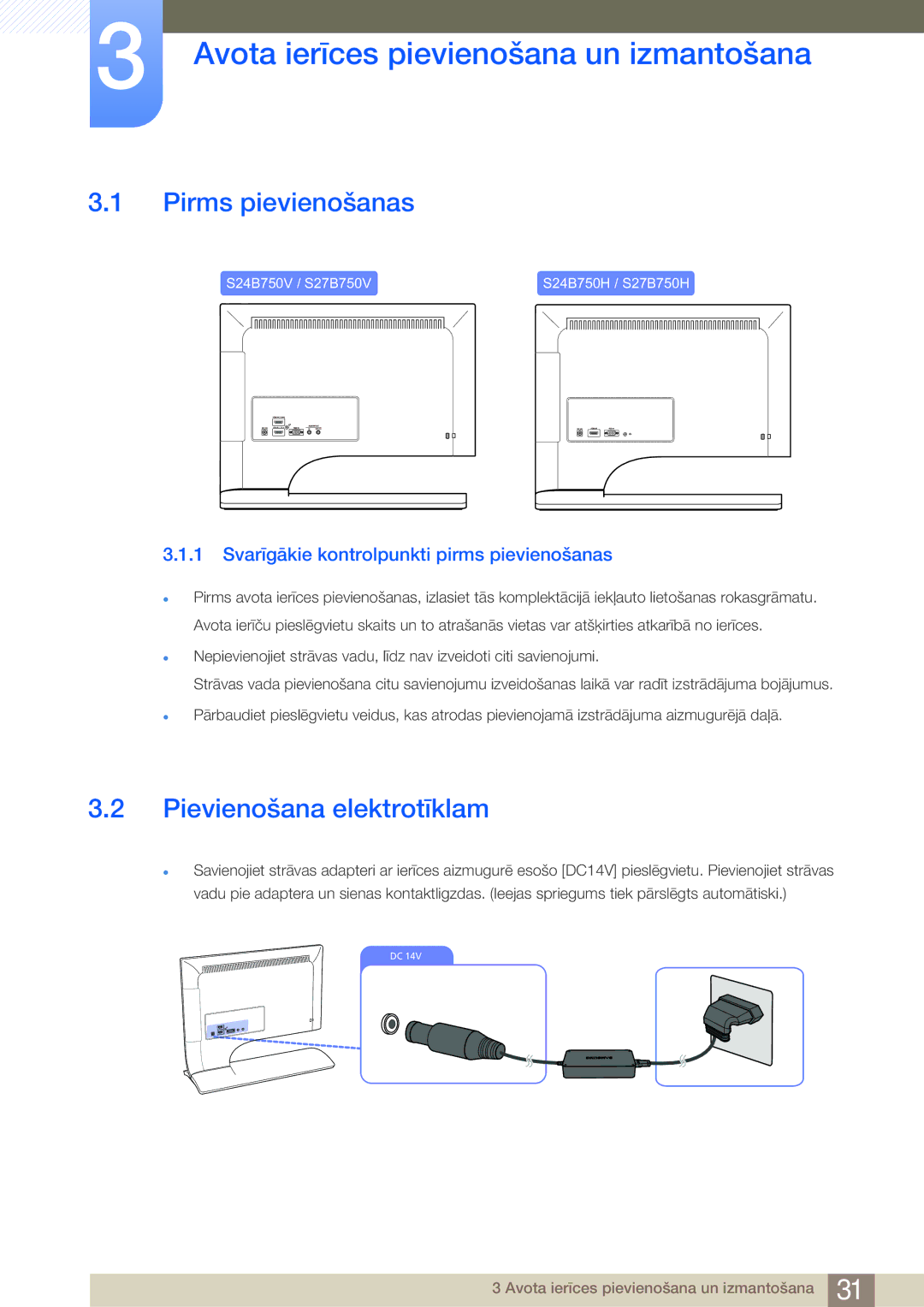 Samsung LS27B750VS/EN manual Avota ierīces pievienošana un izmantošana, Pirms pievienošanas, Pievienošana elektrotīklam 