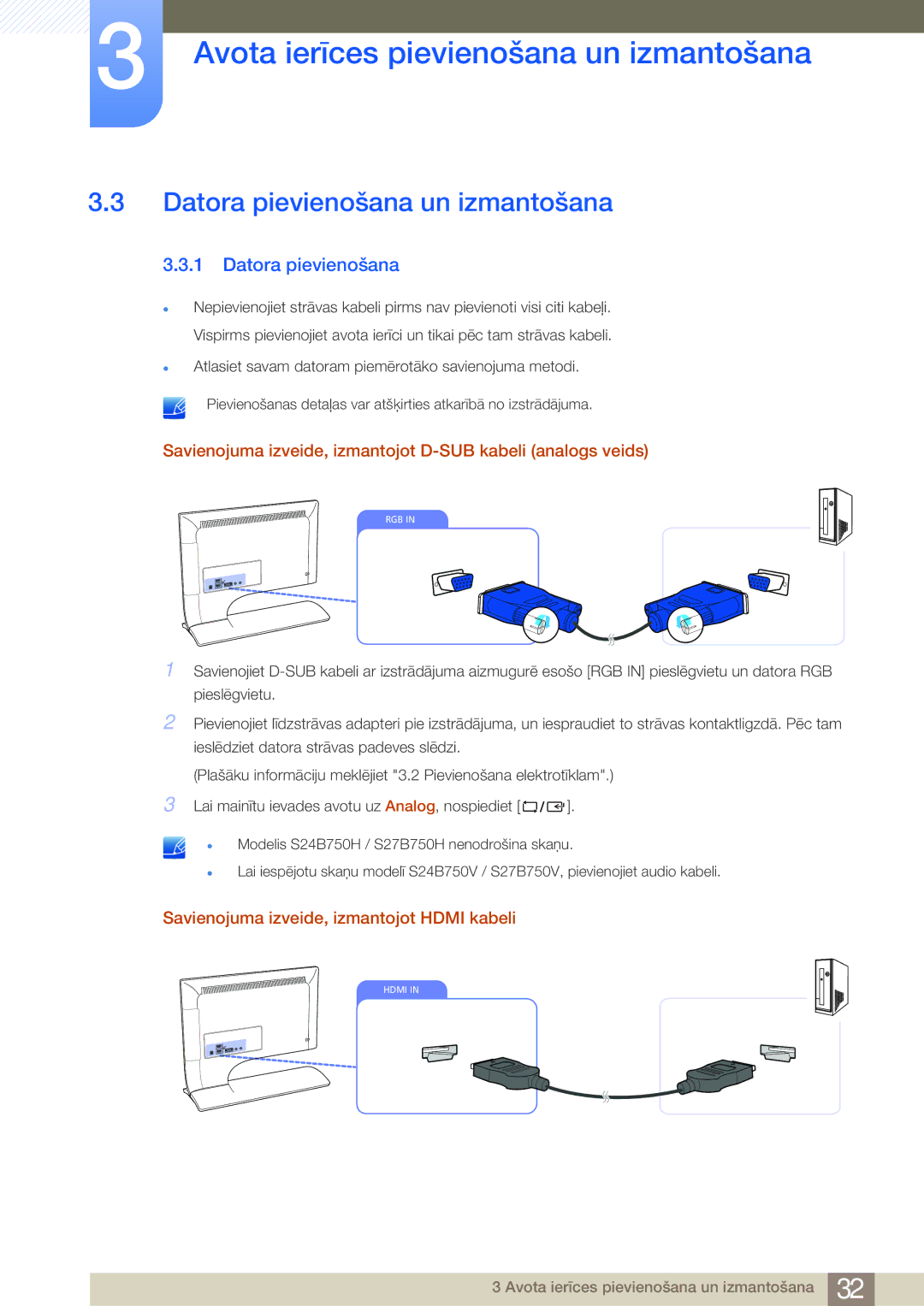 Samsung LS24B750VS/EN, LS27B750VS/EN manual Datora pievienošana un izmantošana 