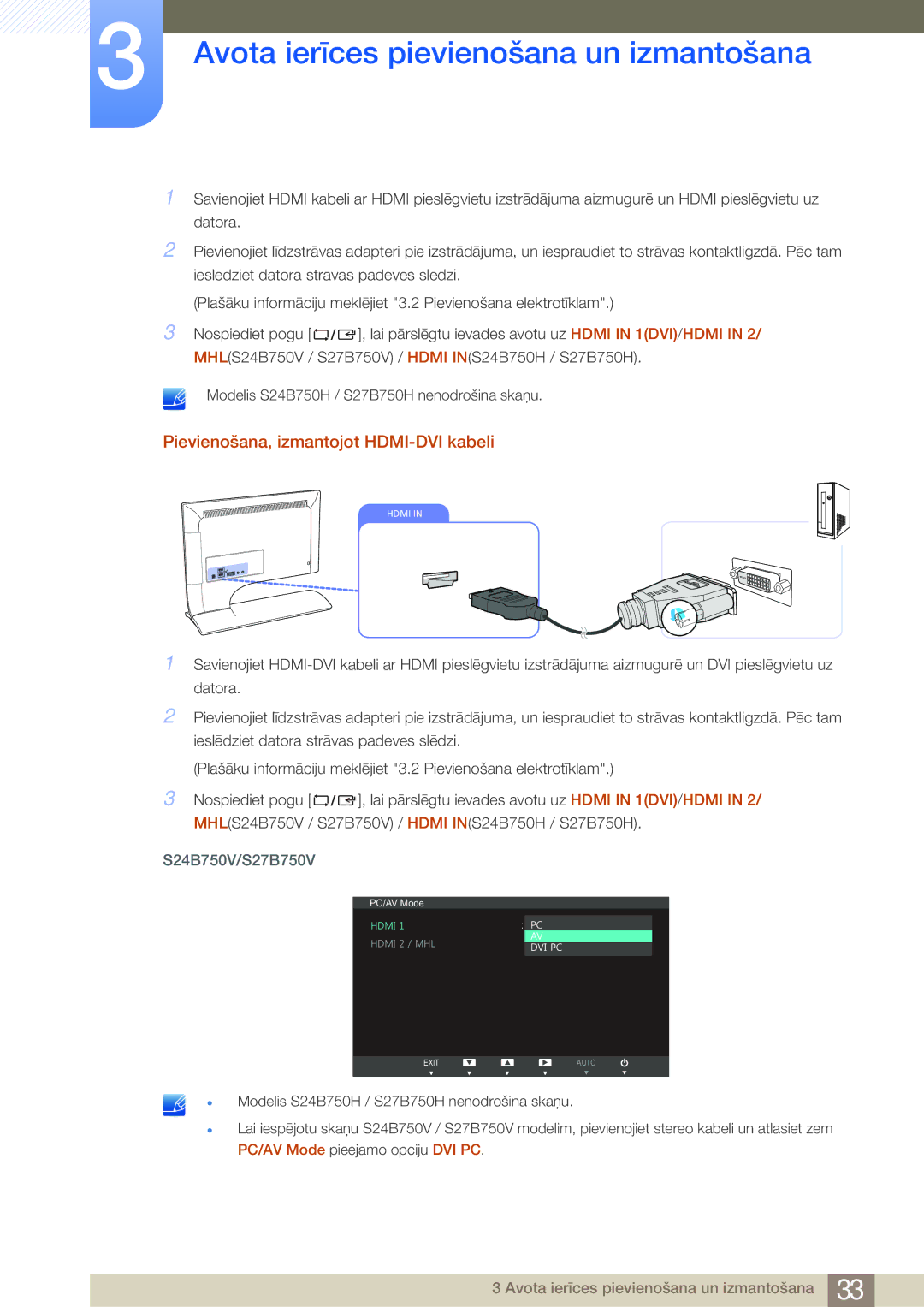 Samsung LS27B750VS/EN, LS24B750VS/EN manual Pievienošana, izmantojot HDMI-DVI kabeli 