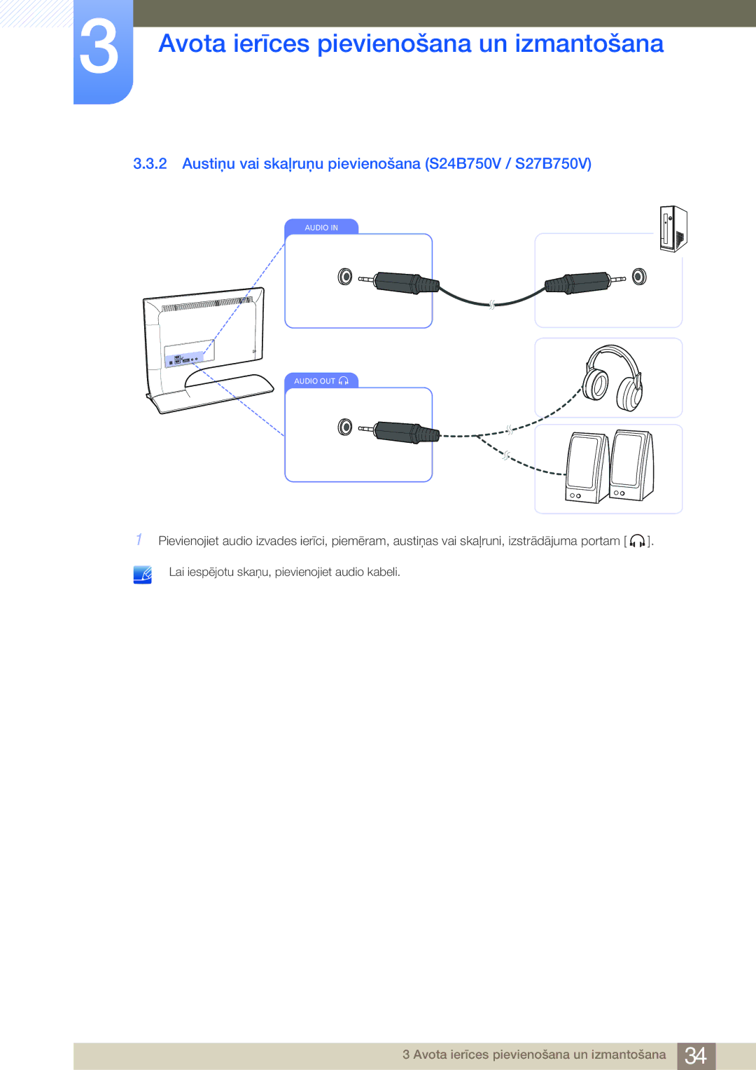 Samsung LS24B750VS/EN, LS27B750VS/EN manual Austiņu vai skaļruņu pievienošana S24B750V / S27B750V 