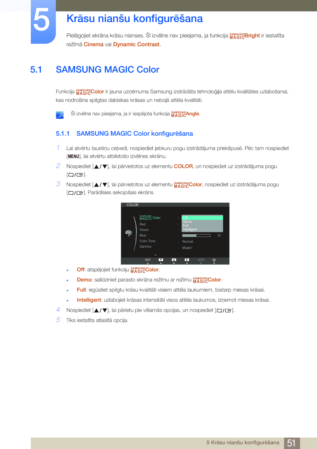 Samsung LS27B750VS/EN, LS24B750VS/EN manual Krāsu nianšu konfigurēšana, Samsung Magic Color konfigurēšana 