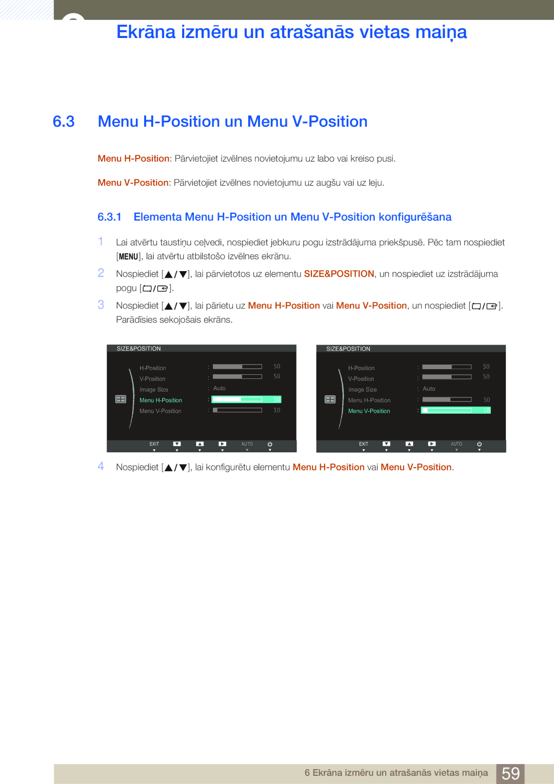 Samsung LS27B750VS/EN, LS24B750VS/EN manual Elementa Menu H-Position un Menu V-Position konfigurēšana 
