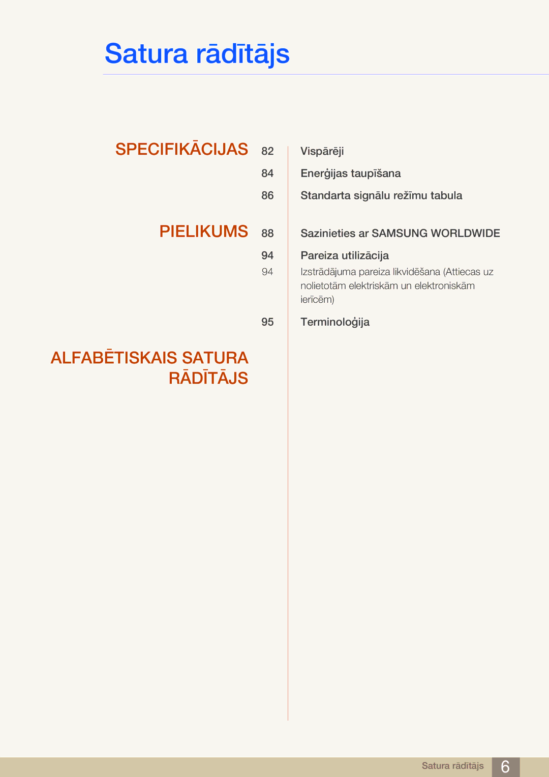 Samsung LS24B750VS/EN, LS27B750VS/EN manual Specifikācijas Pielikums Alfabētiskais Satura Rādītājs 