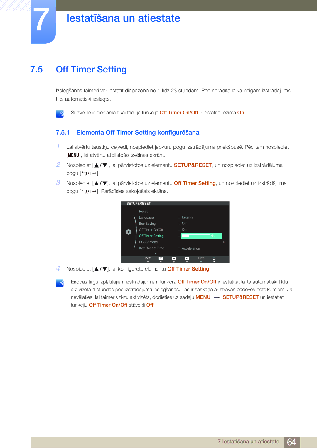 Samsung LS24B750VS/EN, LS27B750VS/EN manual Elementa Off Timer Setting konfigurēšana 