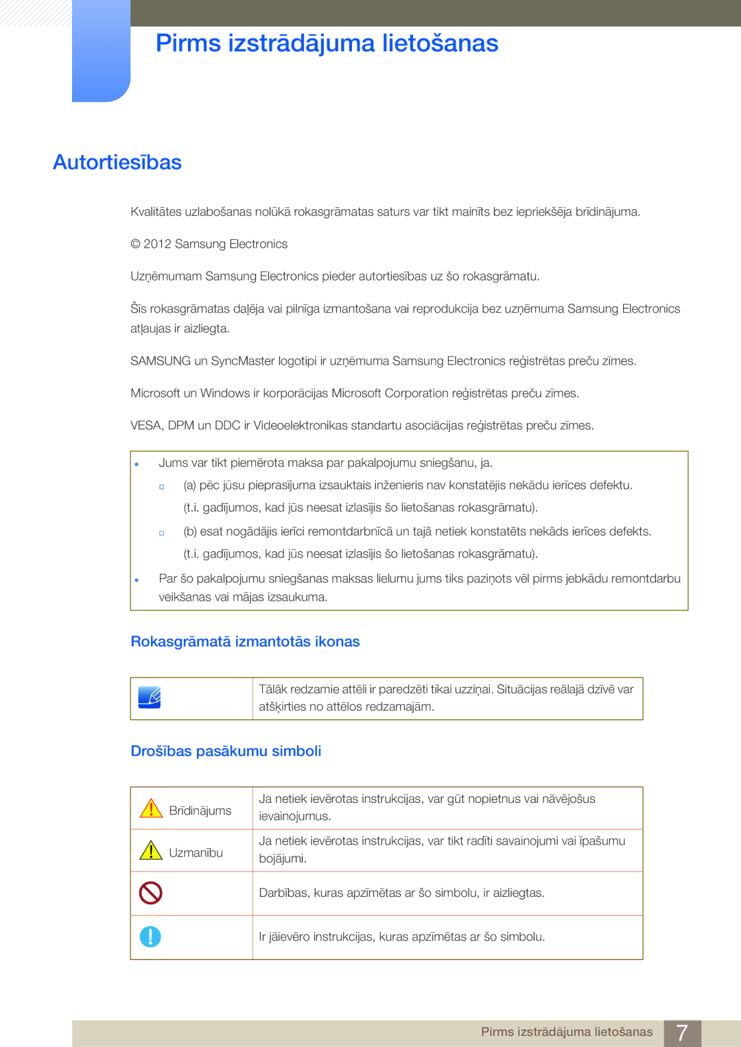 Samsung LS27B750VS/EN, LS24B750VS/EN manual Pirms izstrādājuma lietošanas, Autortiesības, Rokasgrāmatā izmantotās ikonas 