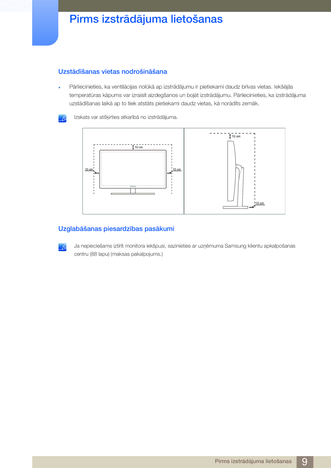 Samsung LS27B750VS/EN, LS24B750VS/EN manual Uzstādīšanas vietas nodrošināšana, Uzglabāšanas piesardzības pasākumi 