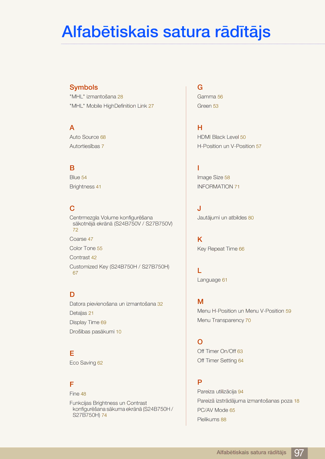 Samsung LS27B750VS/EN, LS24B750VS/EN manual Alfabētiskais satura rādītājs 