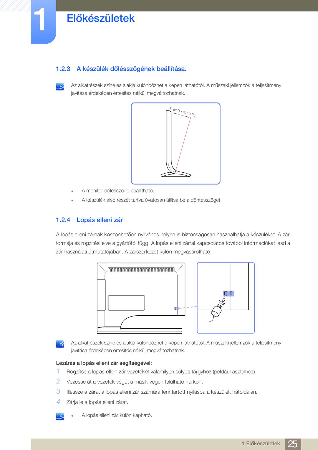 Samsung LS27B750VS/EN, LS24B750VS/EN manual 3 a készülék dőlésszögének beállítása, 4 Lopás elleni zár 