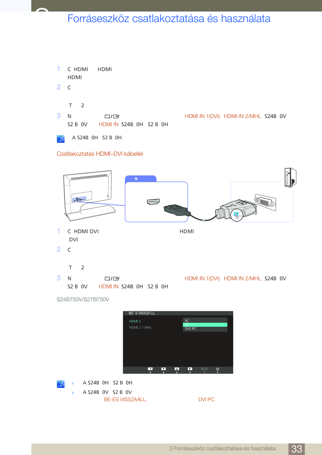 Samsung LS27B750VS/EN, LS24B750VS/EN manual Csatlakoztatás HDMI-DVI kábellel, S24B750V/S27B750V 