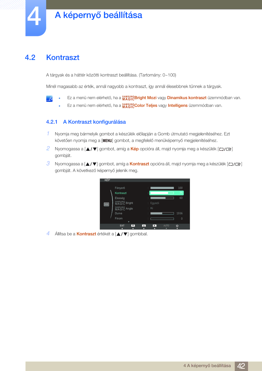 Samsung LS24B750VS/EN, LS27B750VS/EN manual Kontraszt konfigurálása 