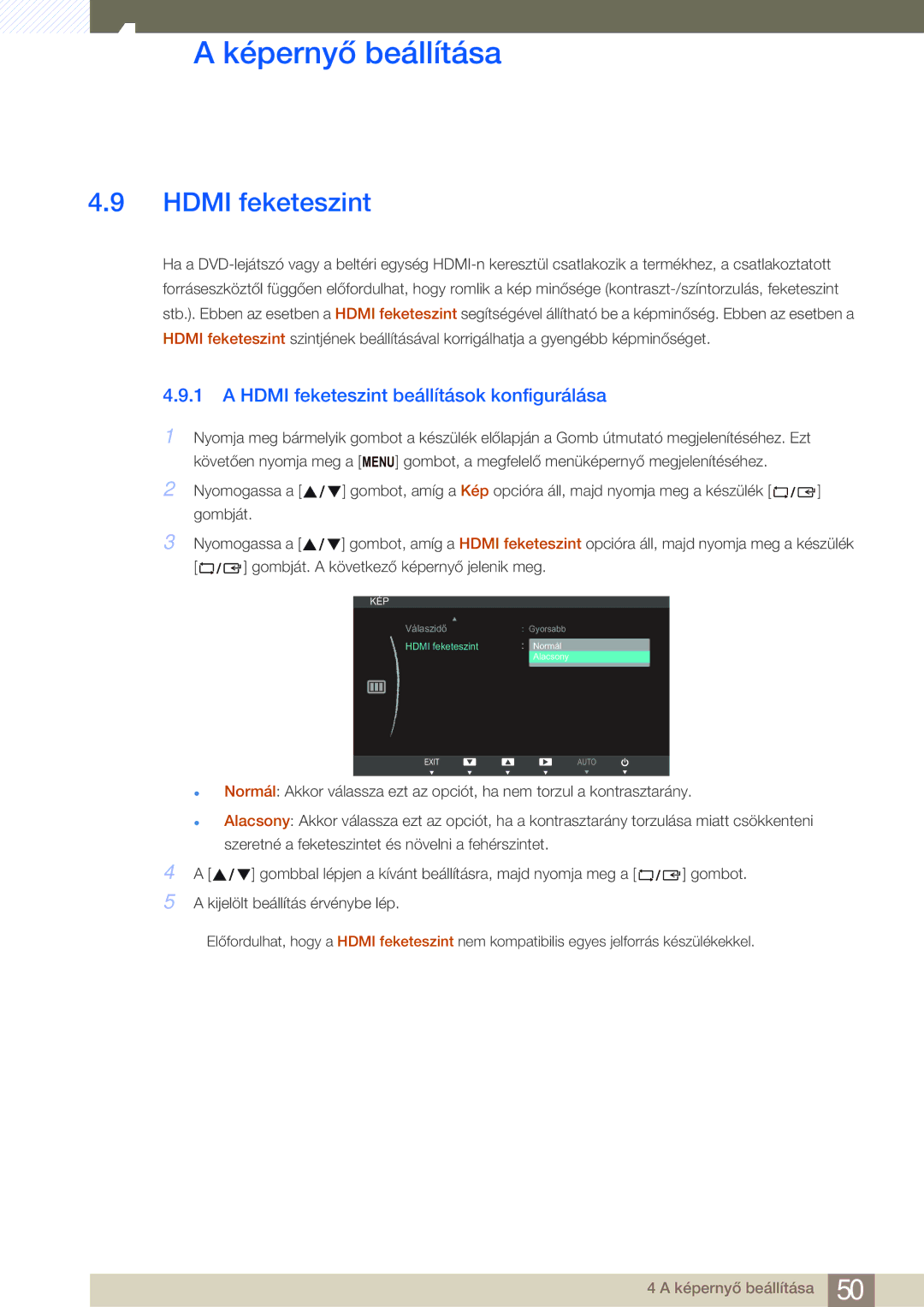 Samsung LS24B750VS/EN, LS27B750VS/EN manual Hdmi feketeszint beállítások konfigurálása 