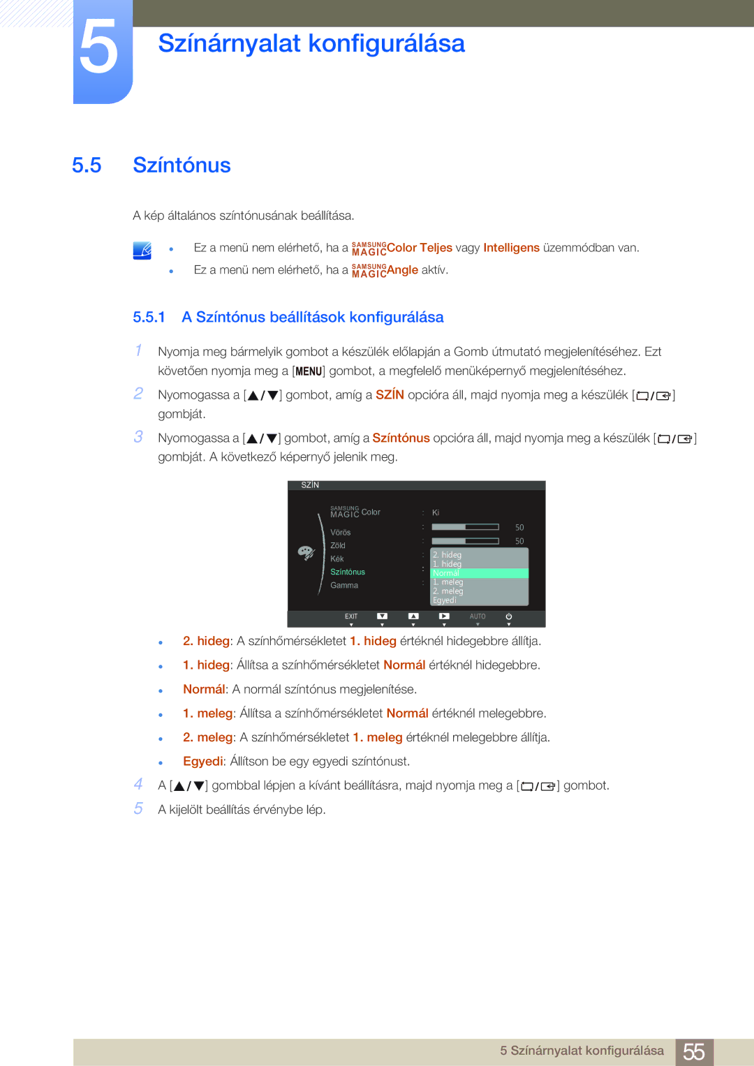 Samsung LS27B750VS/EN, LS24B750VS/EN manual Színtónus beállítások konfigurálása 