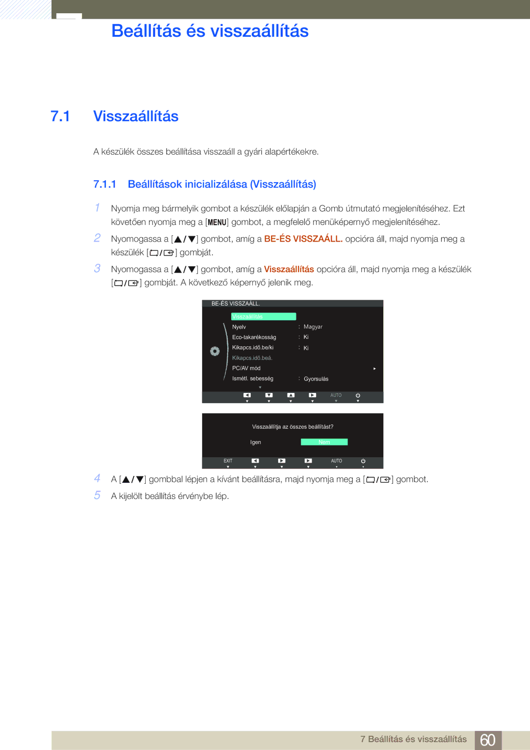 Samsung LS24B750VS/EN, LS27B750VS/EN manual Beállítás és visszaállítás, 1 Beállítások inicializálása Visszaállítás 