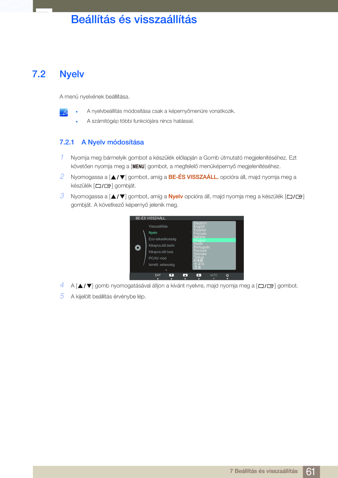 Samsung LS27B750VS/EN, LS24B750VS/EN manual Nyelv módosítása 