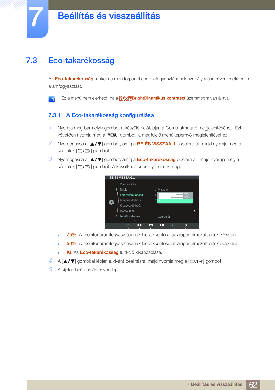 Samsung LS24B750VS/EN, LS27B750VS/EN manual Eco-takarékosság konfigurálása 