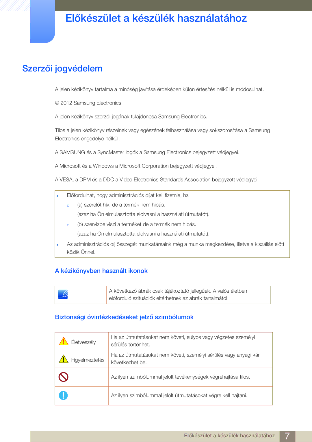 Samsung LS27B750VS/EN manual Előkészület a készülék használatához, Szerzői jogvédelem, Kézikönyvben használt ikonok 