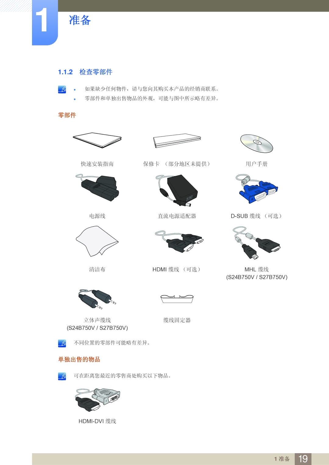 Samsung LS27B750VS/EN, LS24B750VS/EN manual 2 检查零部件 