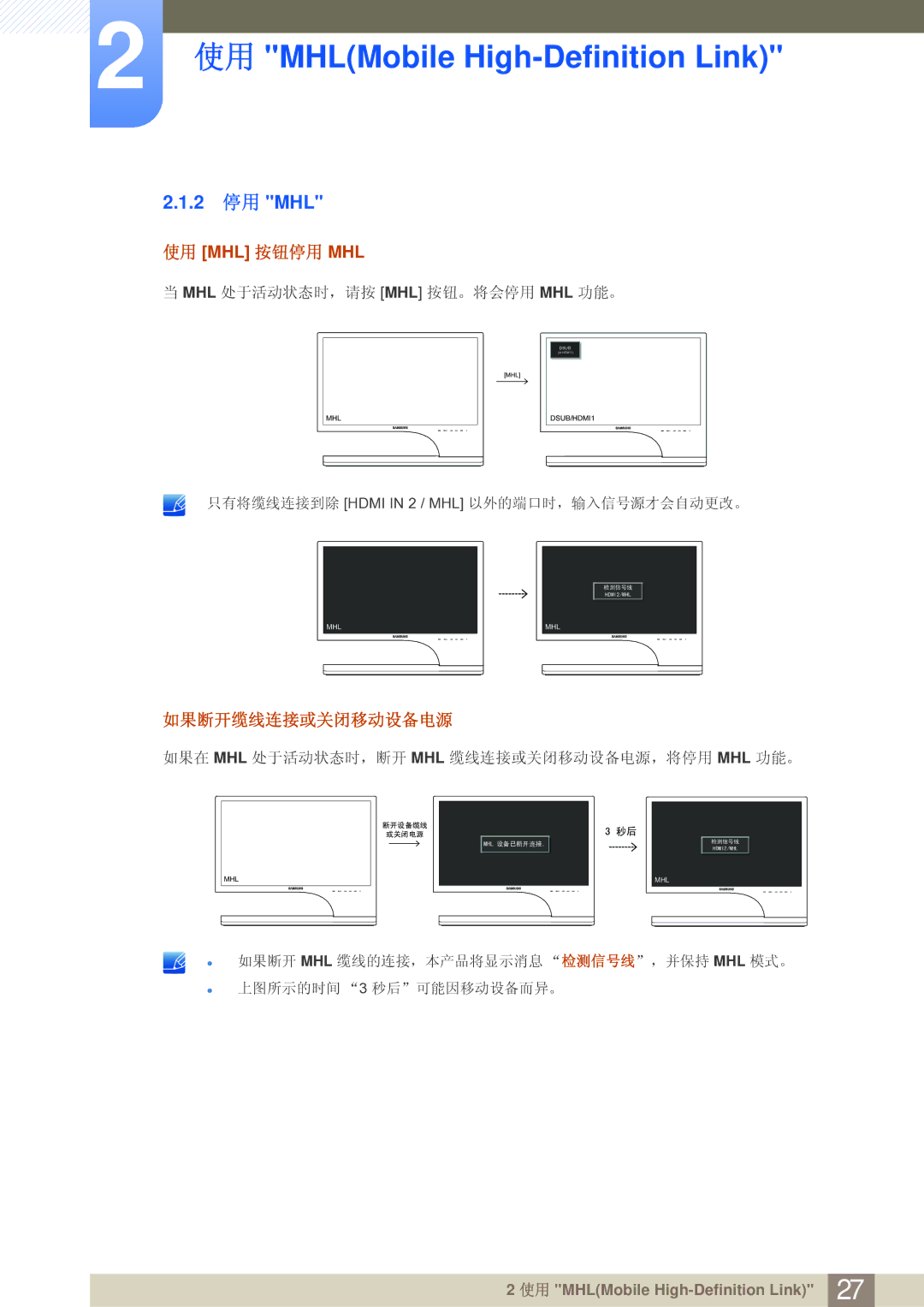 Samsung LS27B750VS/EN, LS24B750VS/EN manual 2 停用 MHL 