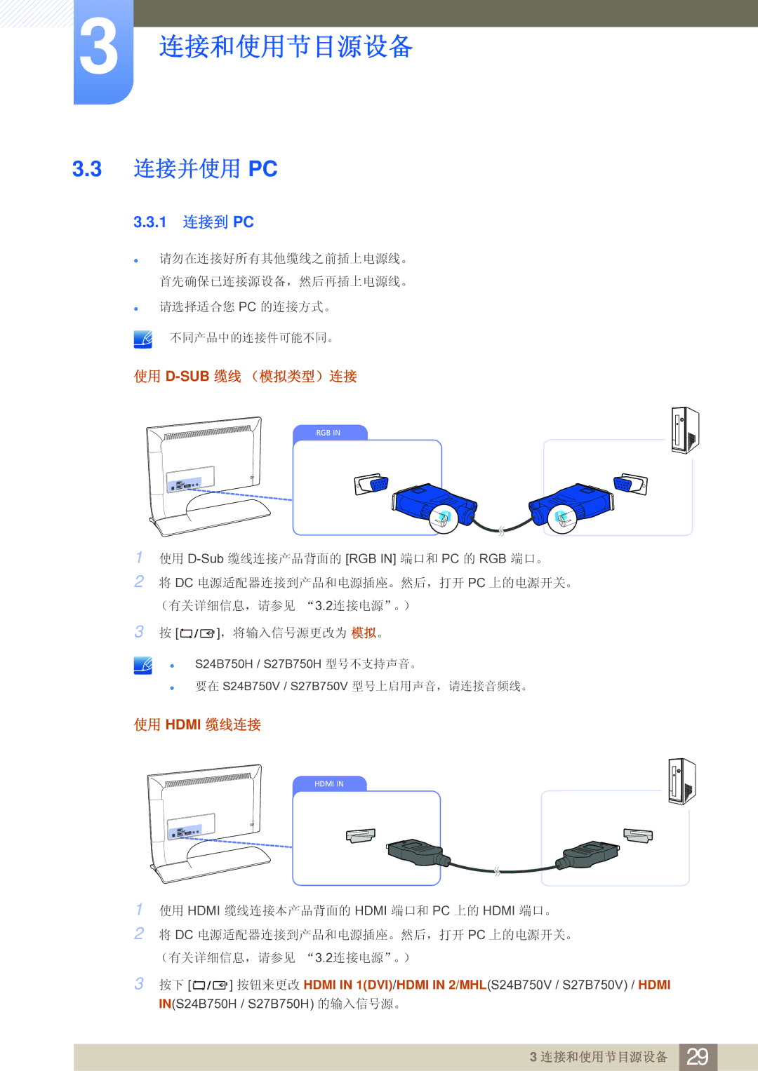 Samsung LS27B750VS/EN, LS24B750VS/EN manual 连接并使用 Pc, 1 连接到 PC 