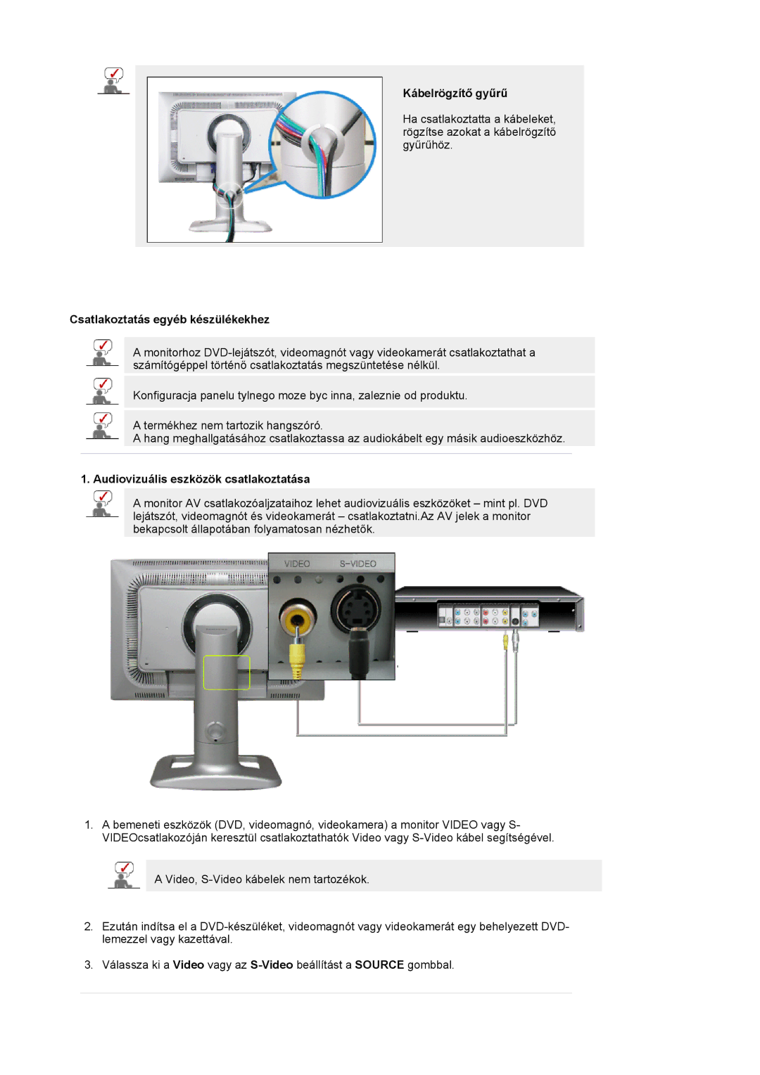 Samsung LS24BRBBS/EDC manual Kábelrögzítő gyűrű, Csatlakoztatás egyéb készülékekhez, Audiovizuális eszközök csatlakoztatása 