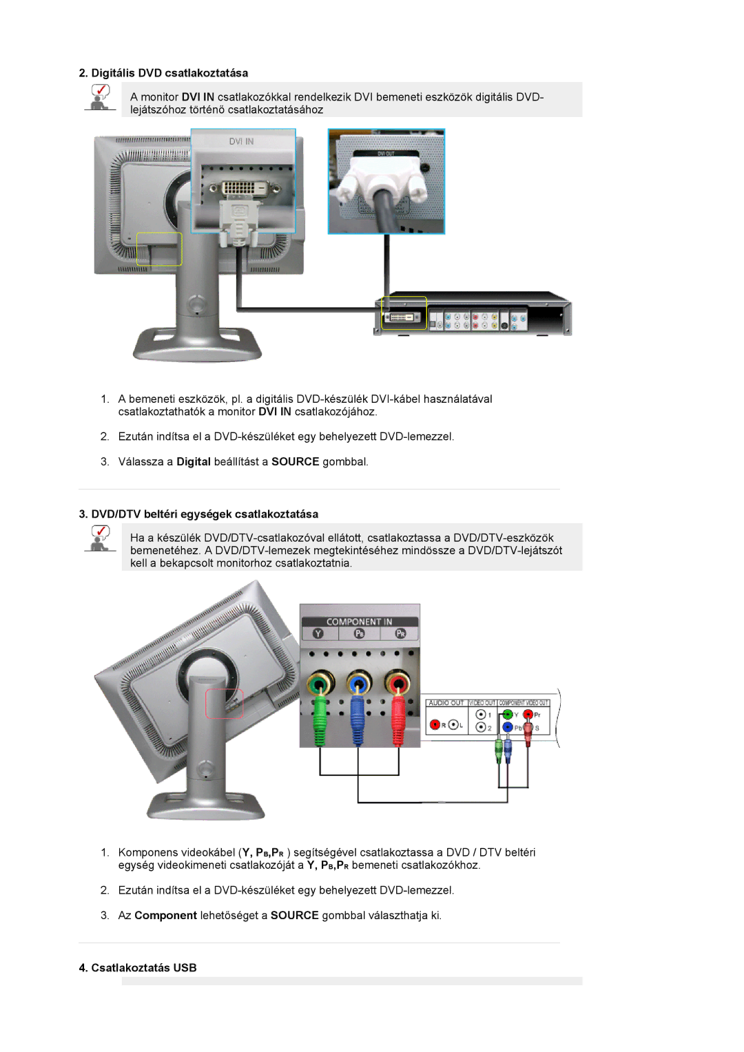 Samsung LS24BRBAS/XAZ manual Digitális DVD csatlakoztatása, DVD/DTV beltéri egységek csatlakoztatása, Csatlakoztatás USB 