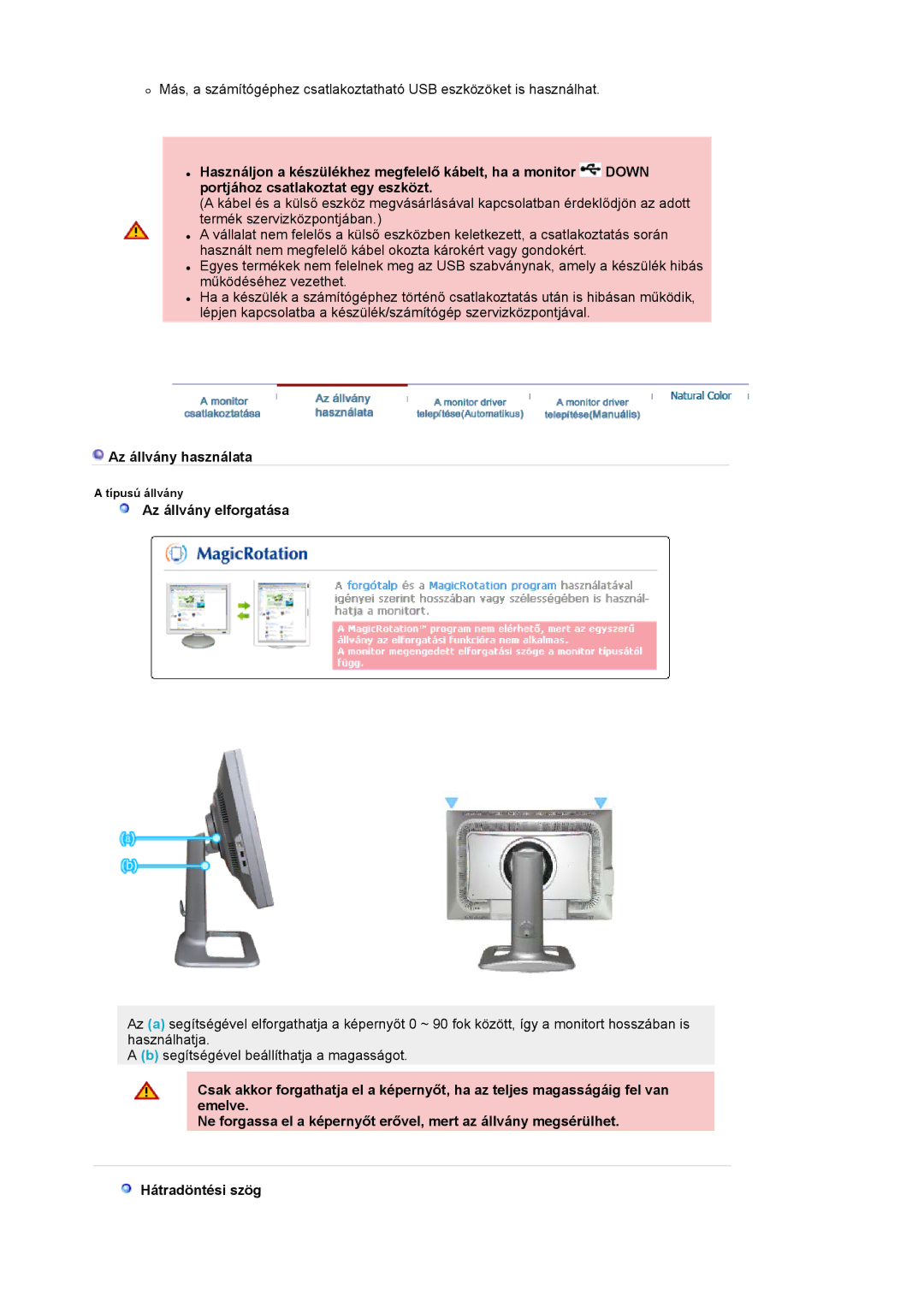 Samsung LS24BRBAS/XAZ, LS24BRBBS/EDC manual Az állvány használata, Az állvány elforgatása 