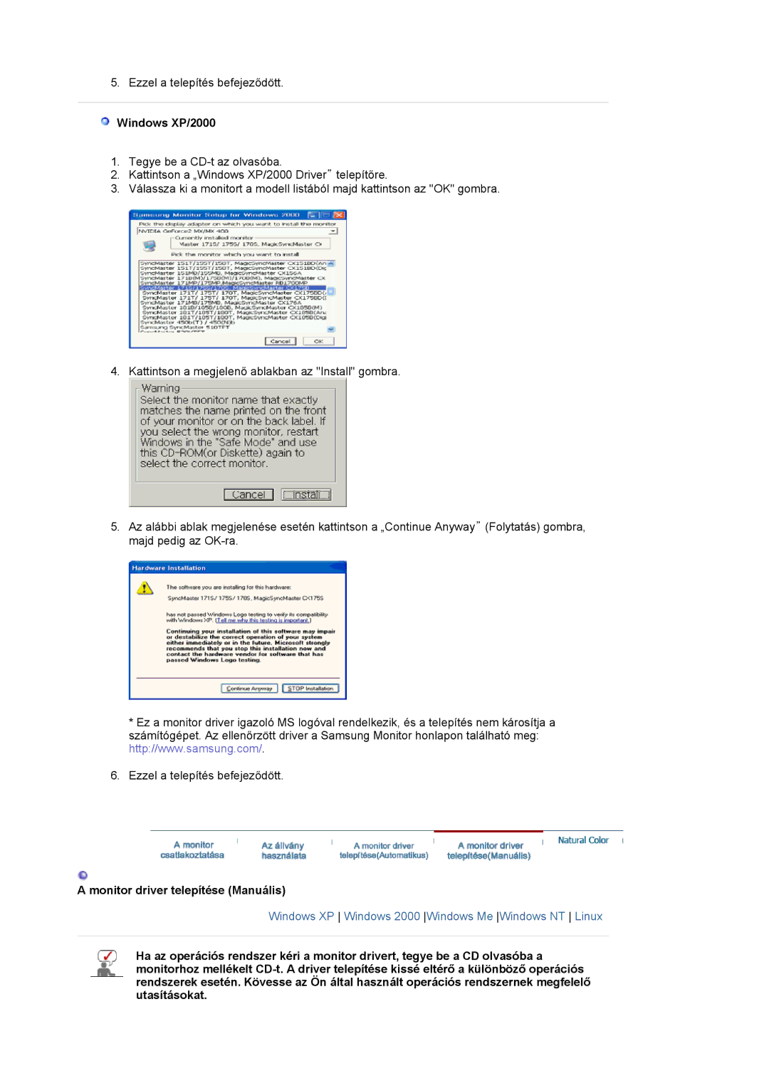 Samsung LS24BRBAS/XAZ, LS24BRBBS/EDC manual Windows XP/2000, Monitor driver telepítése Manuális 