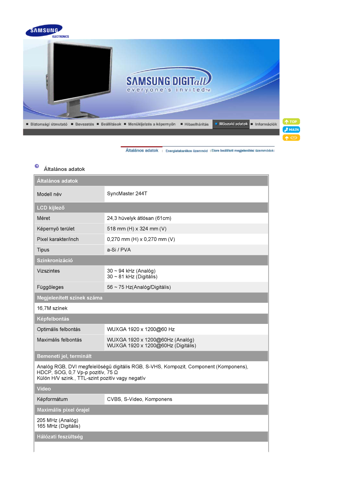 Samsung LS24BRBBS/EDC manual Általános adatok, LCD kijlező, Szinkronizáció, Megjelenített színek száma, Képfelbontás, Video 