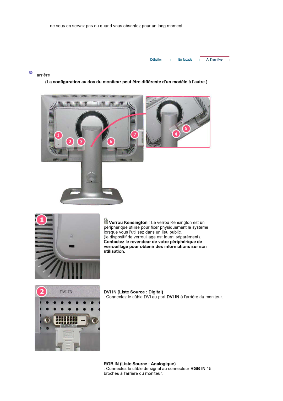 Samsung LS24BRBBS/EDC manual Arrière, RGB in Liste Source Analogique 