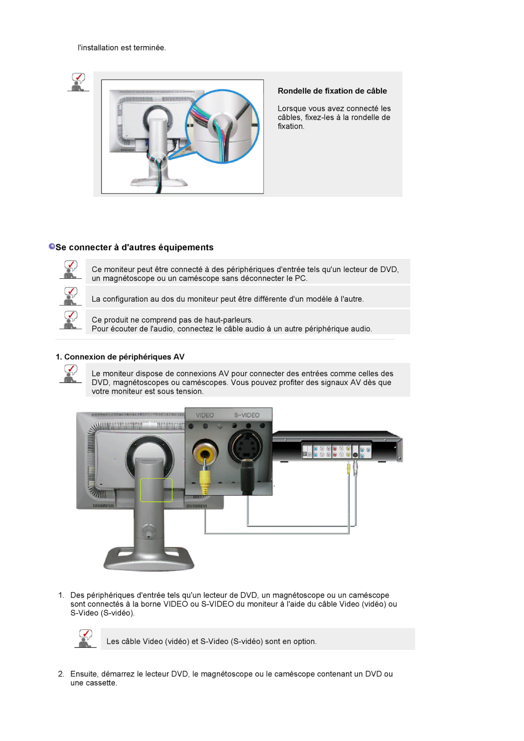 Samsung LS24BRBBS/EDC manual Rondelle de fixation de câble, Connexion de périphériques AV 