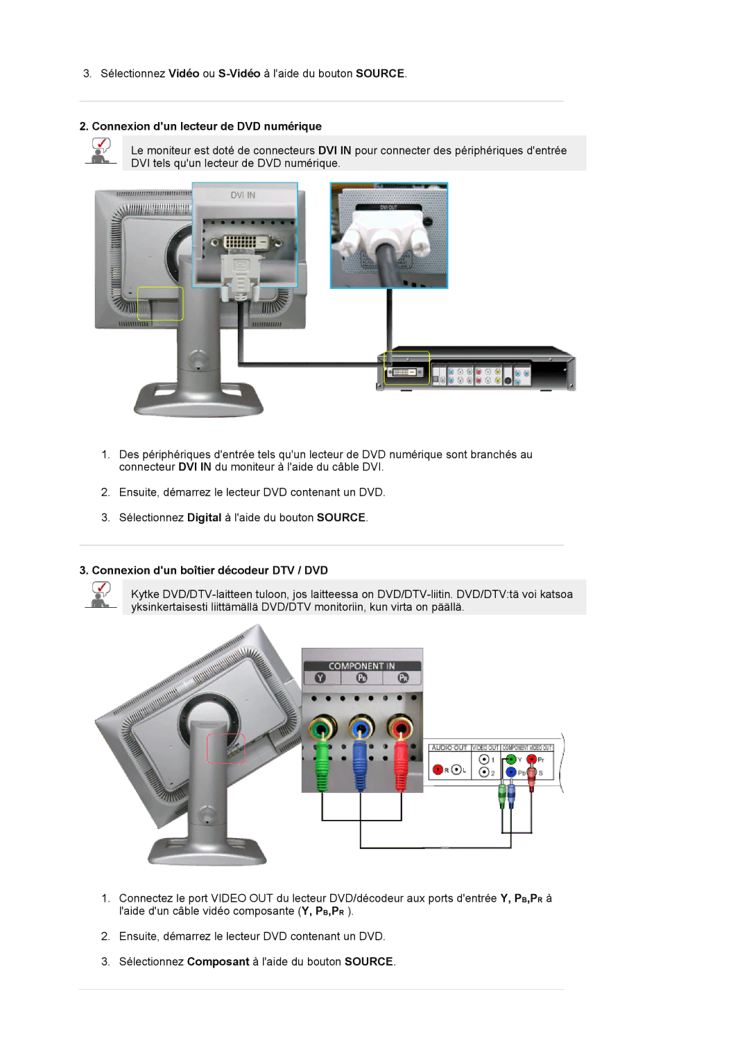 Samsung LS24BRBBS/EDC manual Connexion dun lecteur de DVD numérique, Connexion dun boîtier décodeur DTV / DVD 