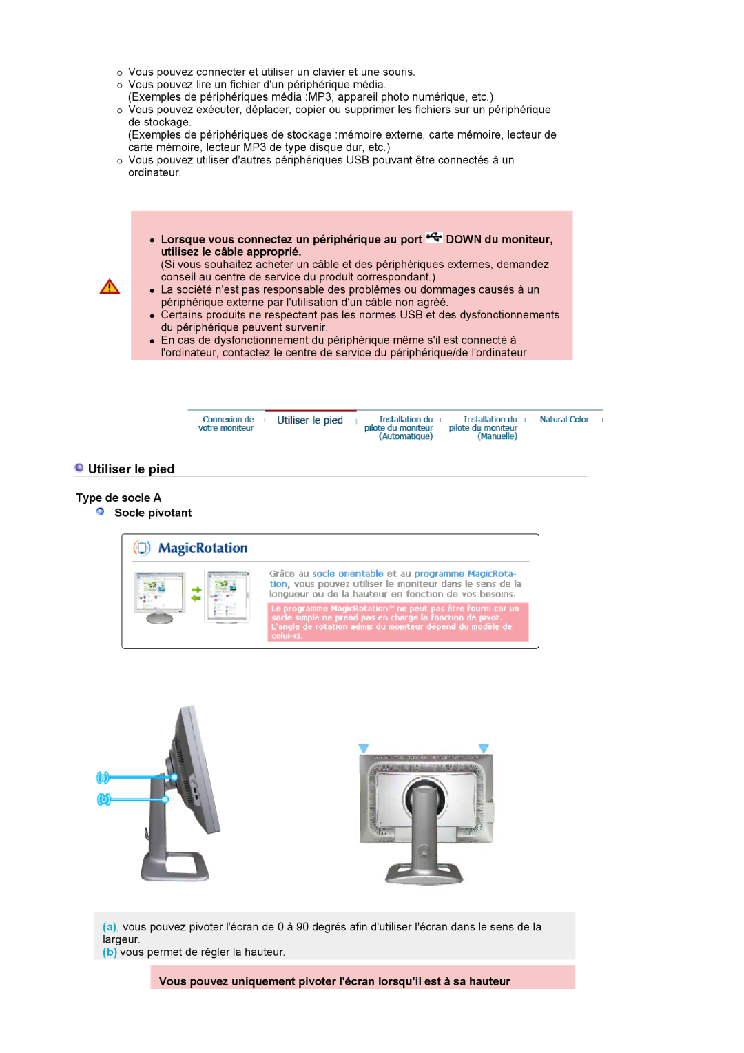 Samsung LS24BRBBS/EDC manual Utiliser le pied, Type de socle a Socle pivotant 