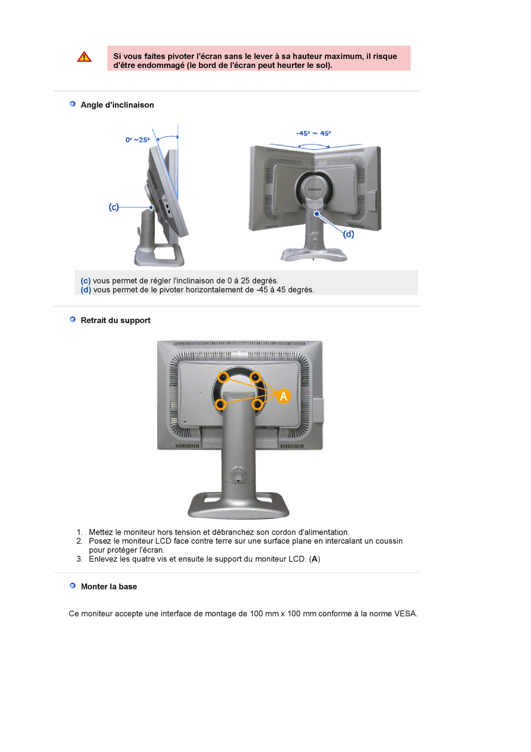 Samsung LS24BRBBS/EDC manual Retrait du support, Monter la base 