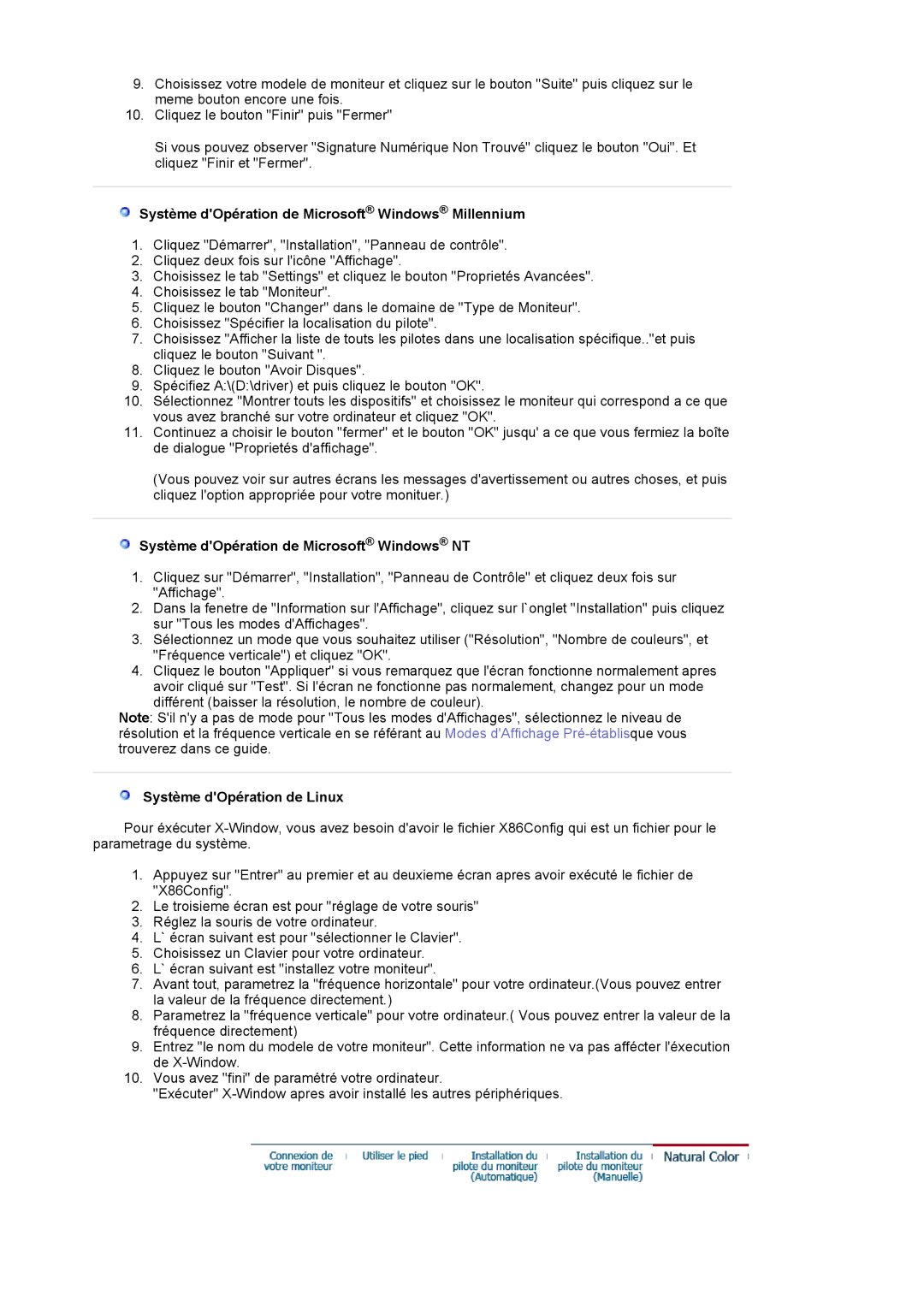 Samsung LS24BRBBS/EDC manual Système dOpération de Microsoft Windows Millennium, Système dOpération de Microsoft Windows NT 