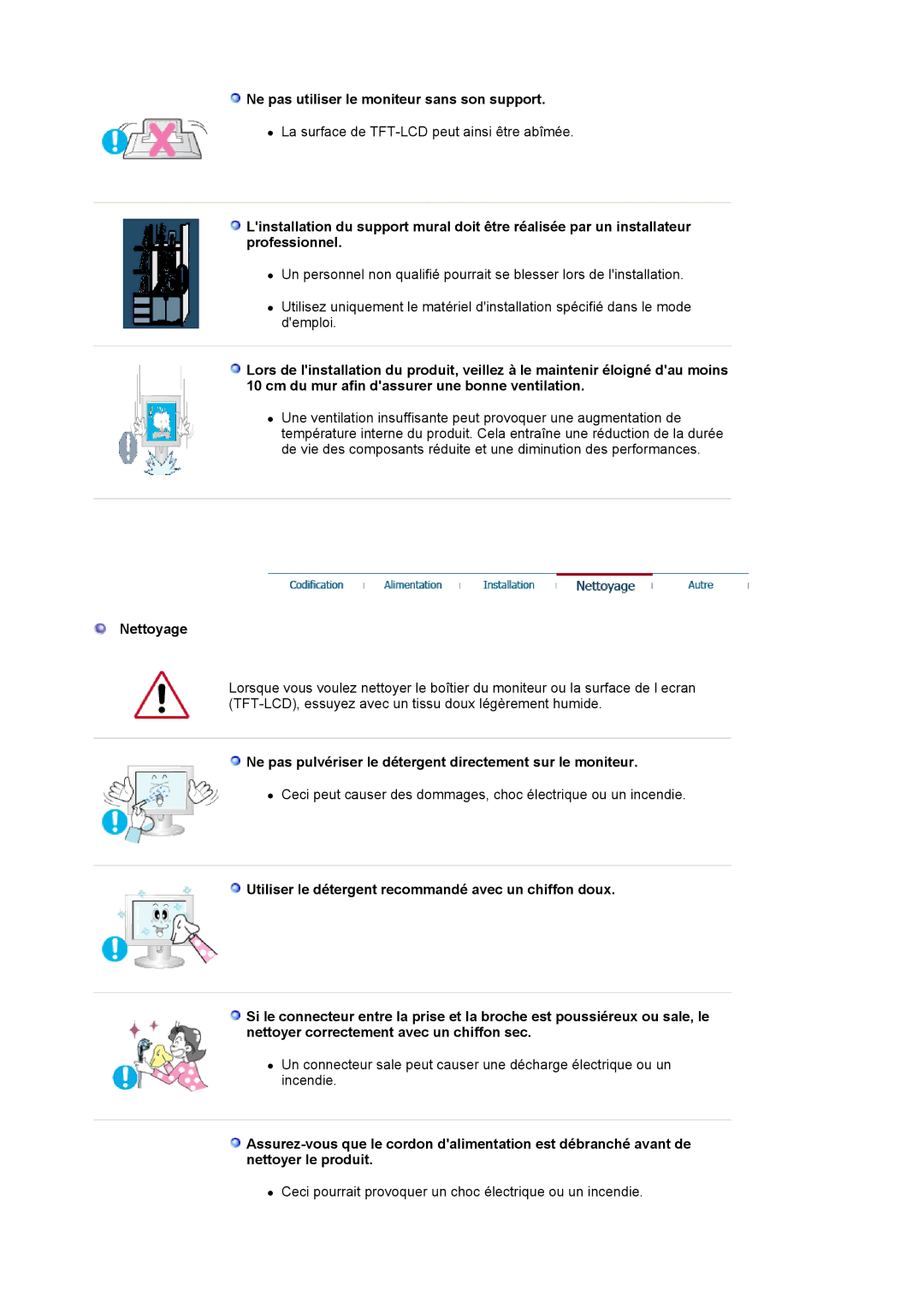 Samsung LS24BRBBS/EDC manual Ne pas utiliser le moniteur sans son support, Nettoyage 