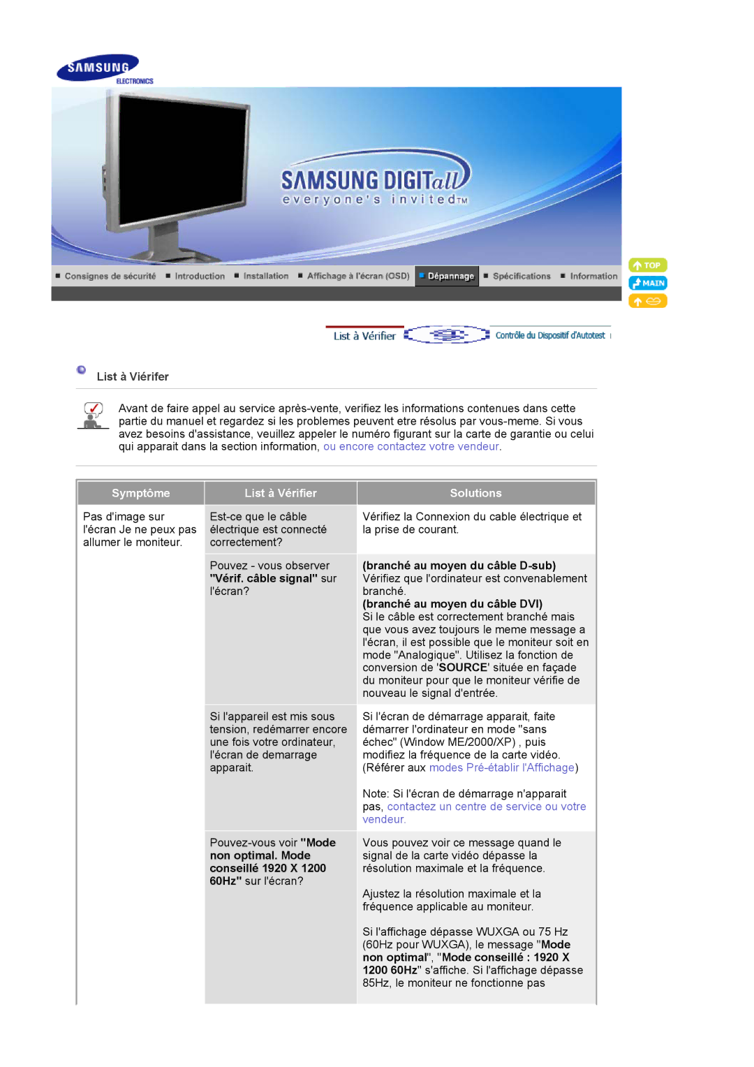 Samsung LS24BRBBS/EDC manual List à Viérifer, Symptôme List à Vérifier Solutions 