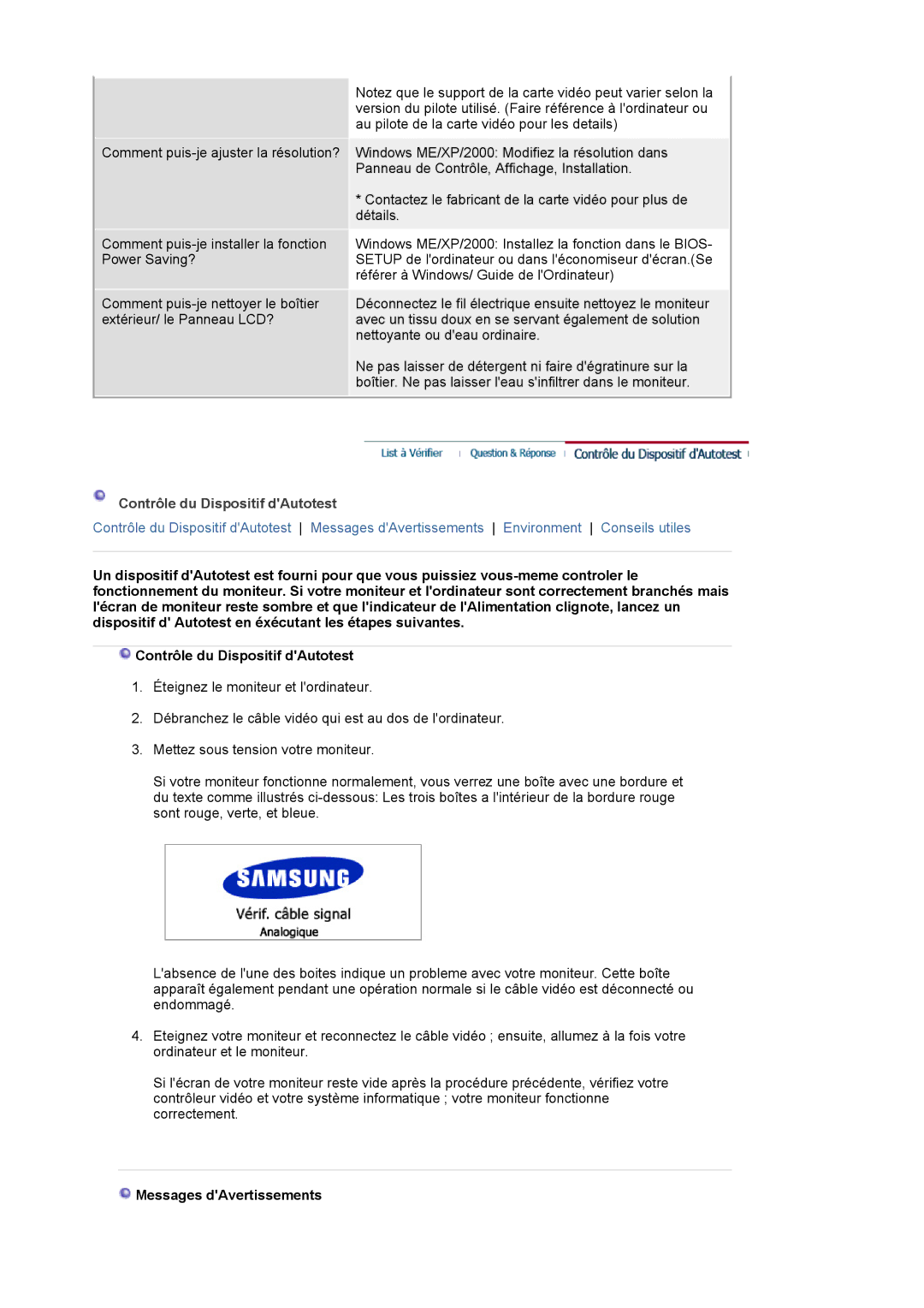 Samsung LS24BRBBS/EDC manual Contrôle du Dispositif dAutotest, Messages dAvertissements 